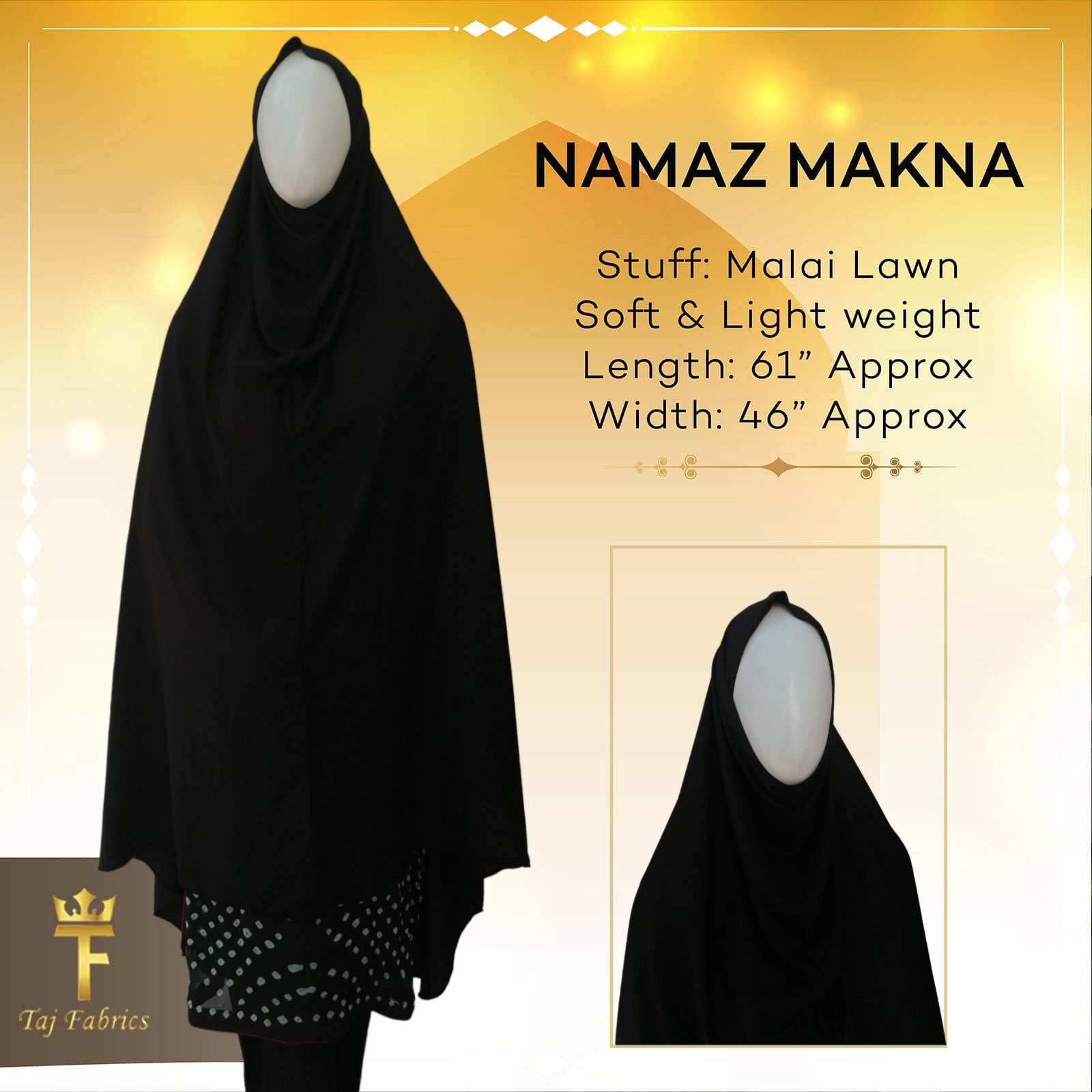 Namaz Makhna (Long Scarf) 2025 Jet Black Plain - Main Image