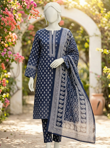 Digital Printed Lawn 3pc Unstitch - Navy Blue Keri