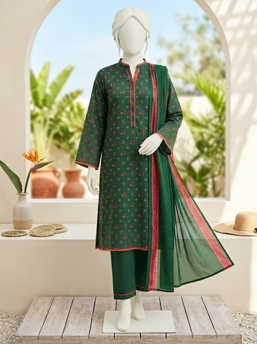 Digital Printed Lawn 3pc Unstitch - Rose Green