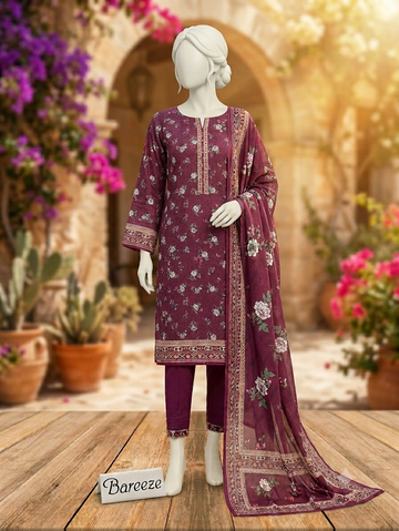 Digital Printed Lawn 3pc Unstitch - Maroon