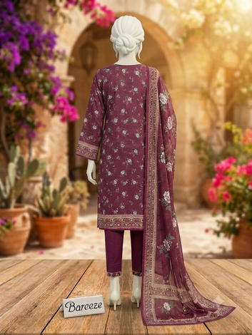 Digital Printed Lawn 3pc Unstitch - Vintage Maroon
