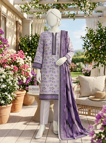 Digital Printed Lawn 3pc Unstitch - Freesia Purple