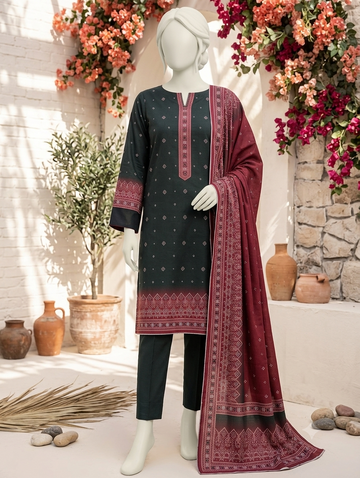 Digital Printed Lawn 3pc Unstitch - Black Maron