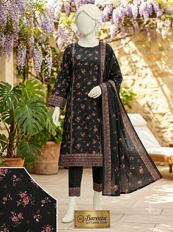 Digital Printed Lawn 3pc Unstitch - Black Vintage