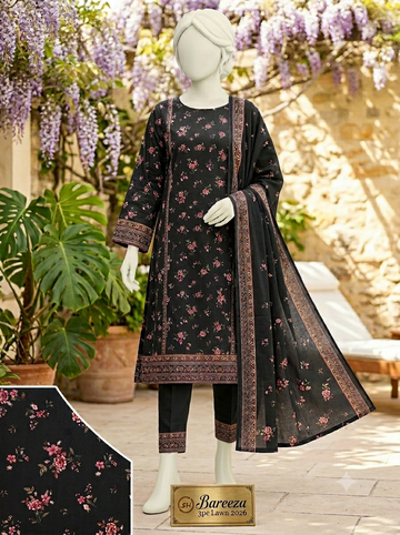 Digital Printed Lawn 3pc Unstitch - Vintage Black