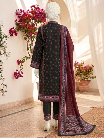 Digital Printed Lawn 3pc Unstitch - Black Ajrak Diamond