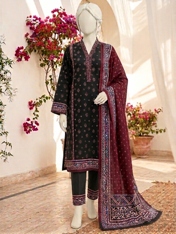 Digital Printed Lawn 3pc Unstitch - Black Ajrak Diamond