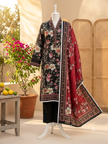 Digital Printed Lawn 3pc Unstitch - Black Jasmine
