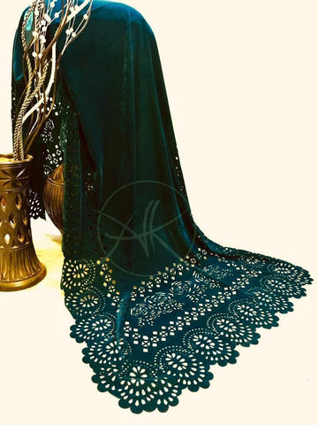 Laser Cut Velvet Shawl 2024 - Ornate Flower Teal