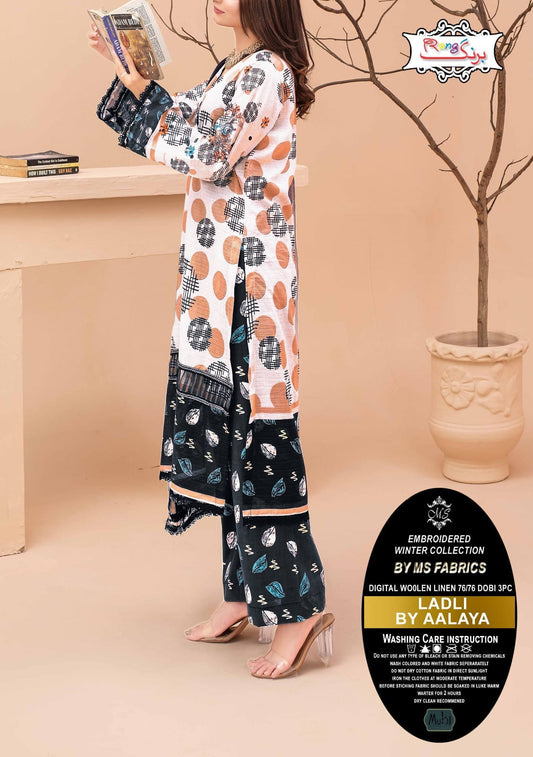 Digital Printed Woolen Linen 3pc Dress - LA 02