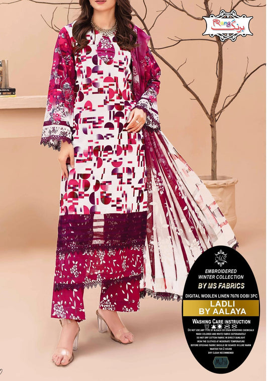 Digital Printed Woolen Linen 3pc Dress - LA 04