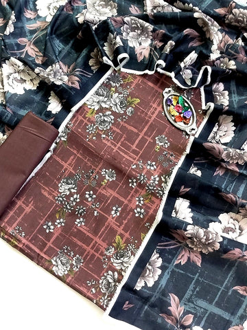 Digital Printed Swiss Lawn 3pc Dress - Brown