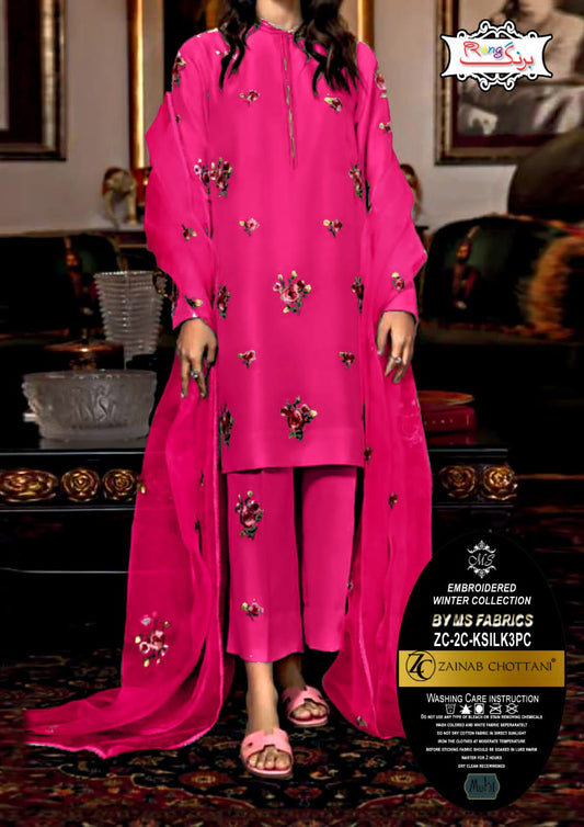 Katan Silk Embroidered 3pc Dress - KT Pink