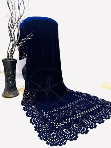 Laser Cut Velvet Shawl 2022 - Ornate Flower Navy Blue